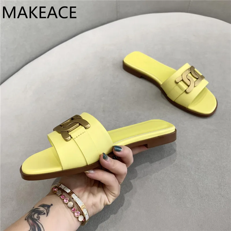 

Metal decorative shoes flat women slippers Real leather beach shoes women casual sandals fish mouth summer women sandals 2021