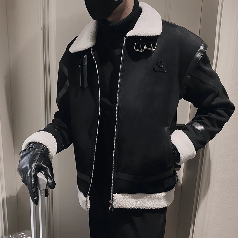 Autumn Winter Suede Men Jackets Plus Velvet Thickened Lapel Collar Motorcycle Parkas Casual Social Street Coats Chaquetas Hombre