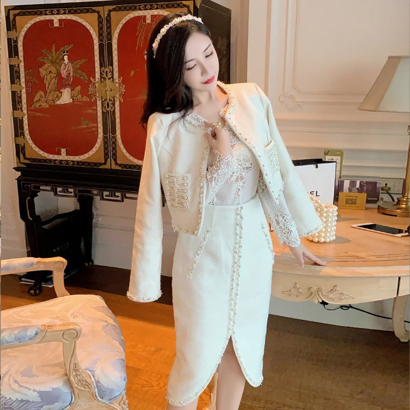 Модный женский твидовый пиджак и юбка высококачественный комплект из двух