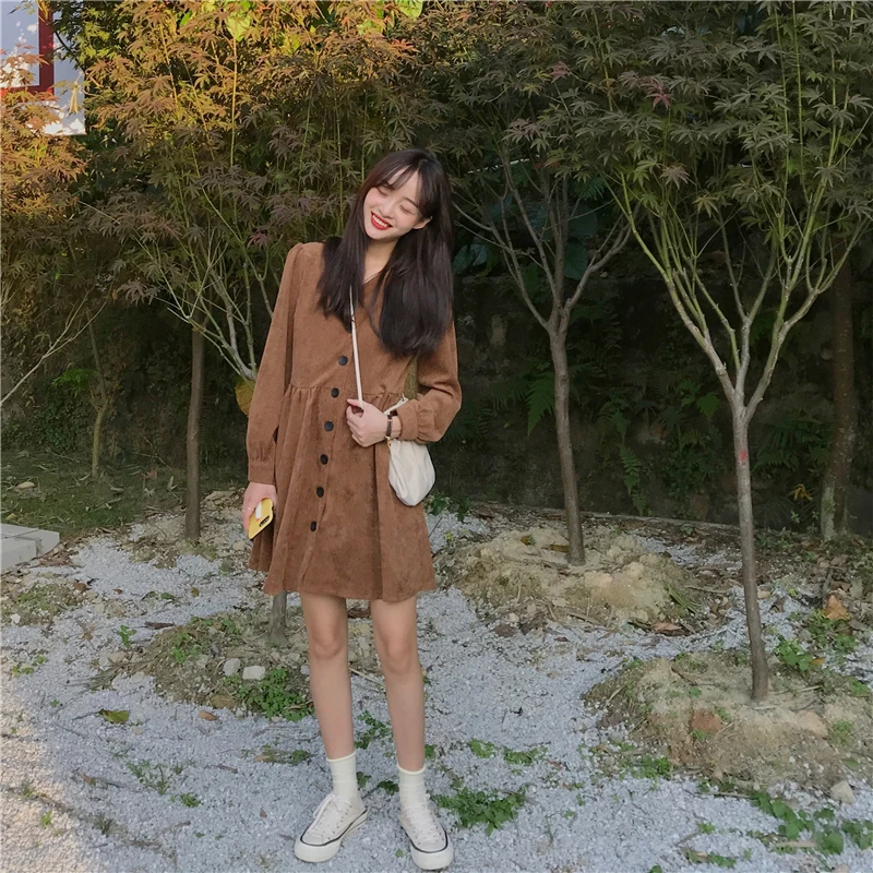 Повседневное осеннее женское платье винтажное милое однотонное мини-платье на