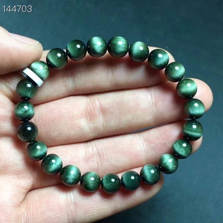 

Natural Green Rutilated Quartz Gemstone Bracelet Women 7.8mm Cat Eye Stretch Crystal Round Beads AAAAA