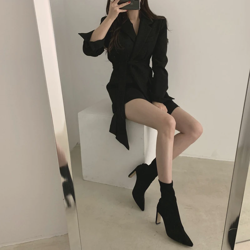 

HStar Women Autumn Blazer Dress Female 2020 Long Sleeve Sashes Short Dress Slim Business Chic Blazer Jacket