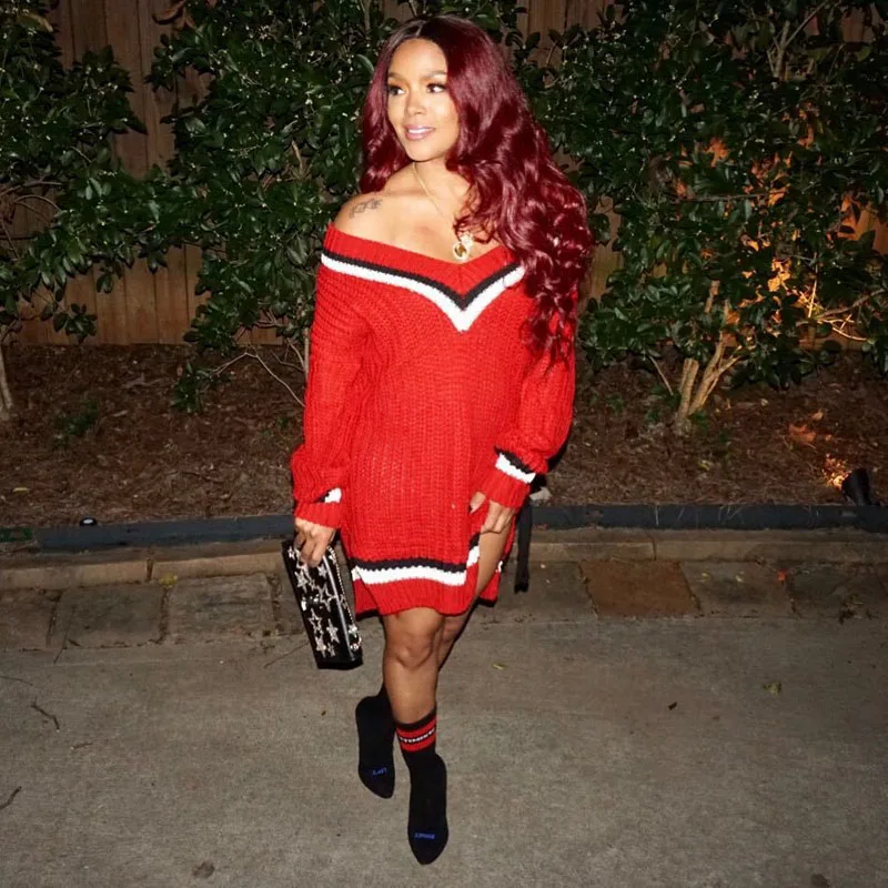 

Winter Sweater Dress European and American Sexy Hollow Out Red Knit Striped Pullover Loose Sweater V-neck Hip Dress