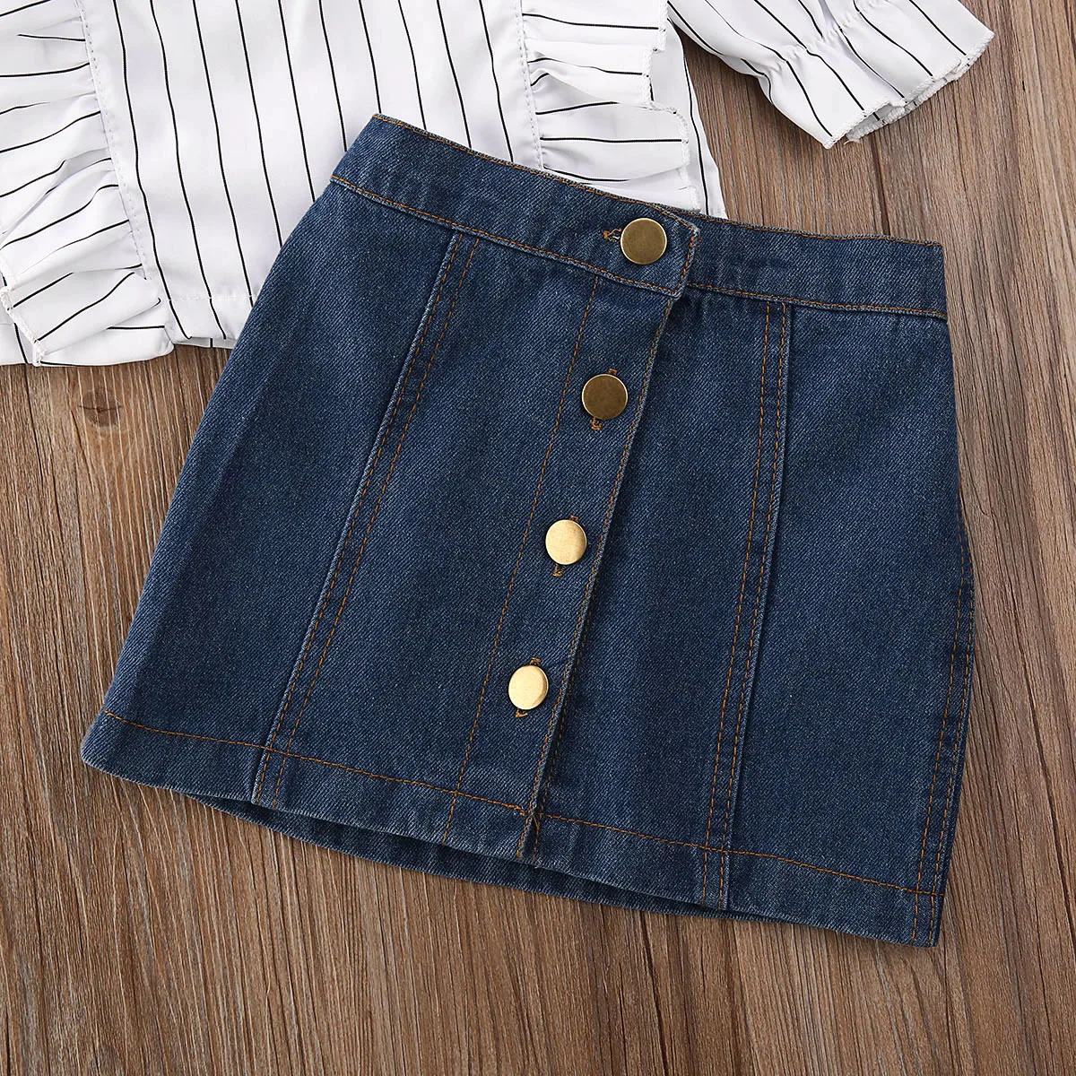От 1 до 6 лет комплекты одежды для маленьких девочек футболка в полоску с рукавами-крылышками+ синяя джинсовая юбка трапециевидной формы
