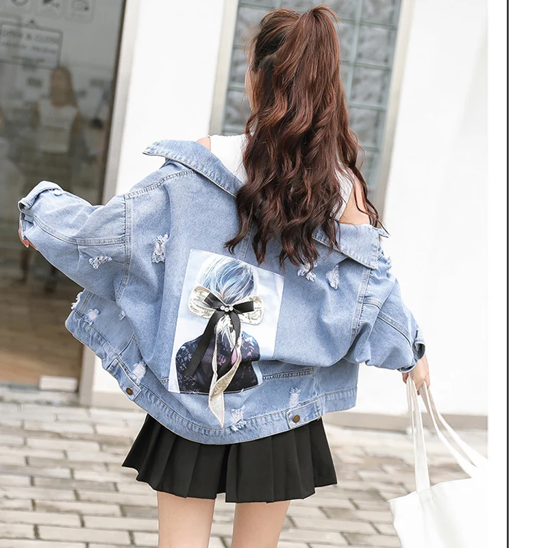 Рваная джинсовая куртка для женщин Корейская верхняя одежда уличная джинсовое