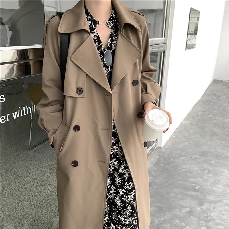 

Korean Vintage Trench Coat Turn-down Collar Fashion Solid Loose 2021 OL Women Versatile Casual Long Elegant Dropshipping