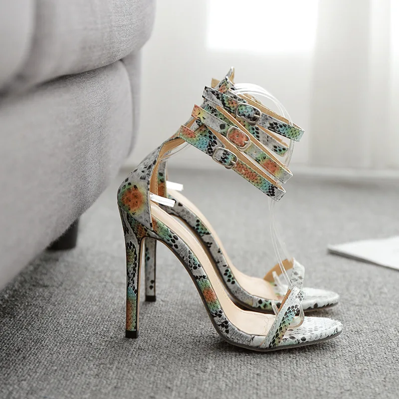 

Colorful snake sexy slim high heel open toe versatile ankle strap sandals