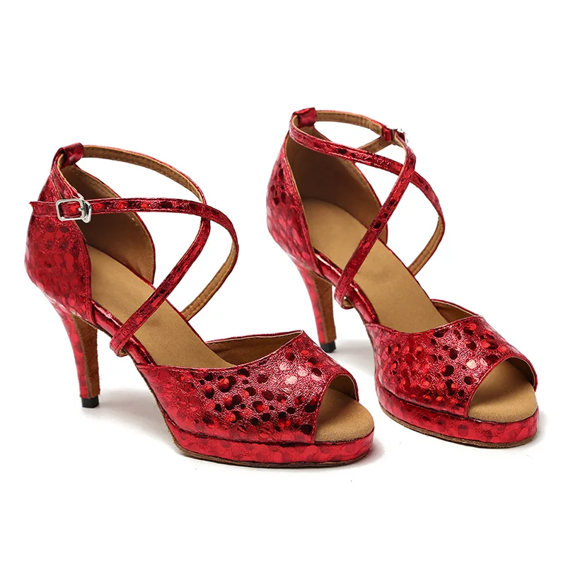 Women's Dance Shoes Latin Thick Sole Salsa Tango Ballroom Dancing Shoes Gold Silver Red Shiny Dance Sandals High Heels Girls