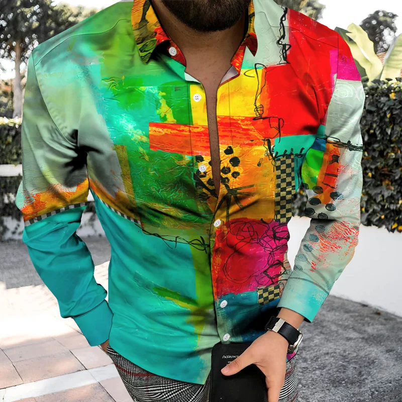 

Vintage Printed Loose Buttoned Cardigan For Mens Casual Long Sleeve Shirt Men Autumn Fashion Turn-down Collar Shirts Streetwear