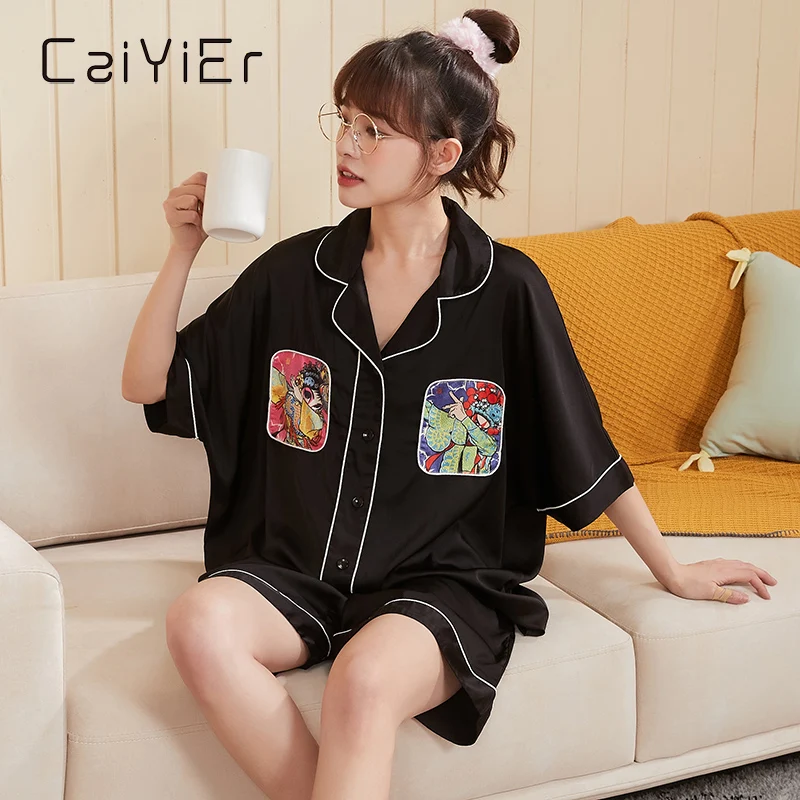 

CAIYIER Lady Classical Silk Sleepwear Women Casual Pajamas Short-sleeved Nightwear Peking Opera Print Black Pyjamas Home Wear