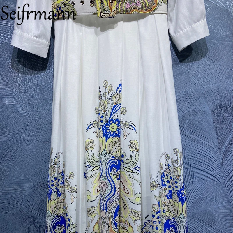 

Seifrmann New 2021 Summer Women Fashion Runway Midi Dress Lantern Sleeve Sashes Vintage Printed Ladies A-Line Dresses Vestidos