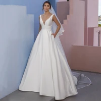 modest a line satin sleeveless wedding gowns sexy v neck lace appliques court train backless bridal dresses custom made
