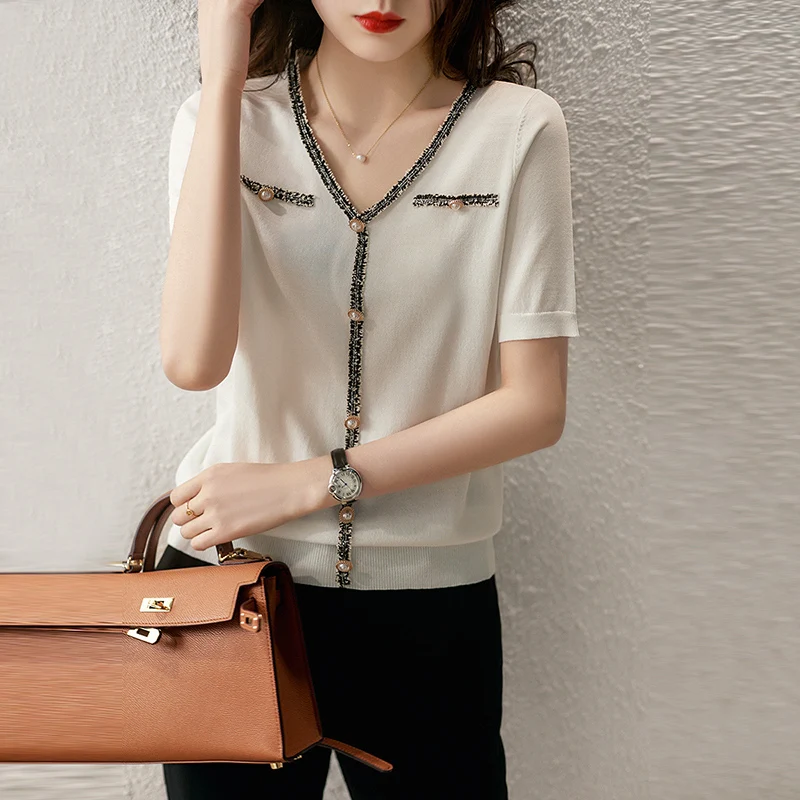 Свитер с коротким рукавом и V-образным вырезом карманом |