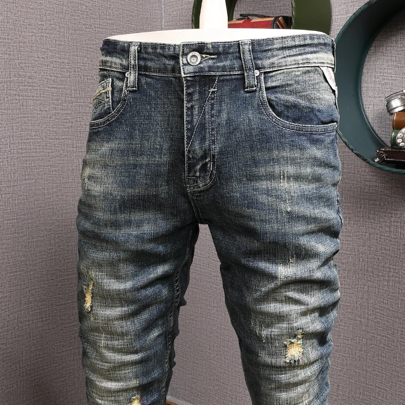 European Vintage Fashion Men Jeans Retro Washed Elastic Slim Fit Ripped Jeans Men Patchwork Designer Casual Cotton Denim Pants