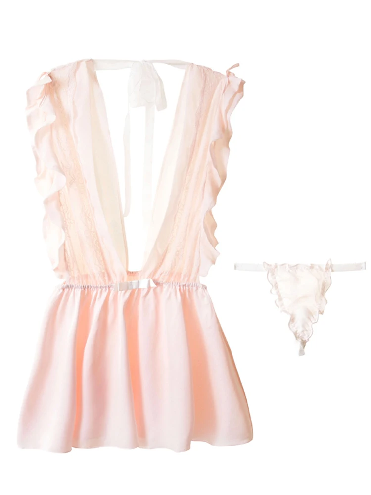 

Leaf Lace Sheer Gauze Seductive Slumber Ruffles Satin Nightgowns Sleeping Dress Women Sexy Lingerie Sleepwear Lotus