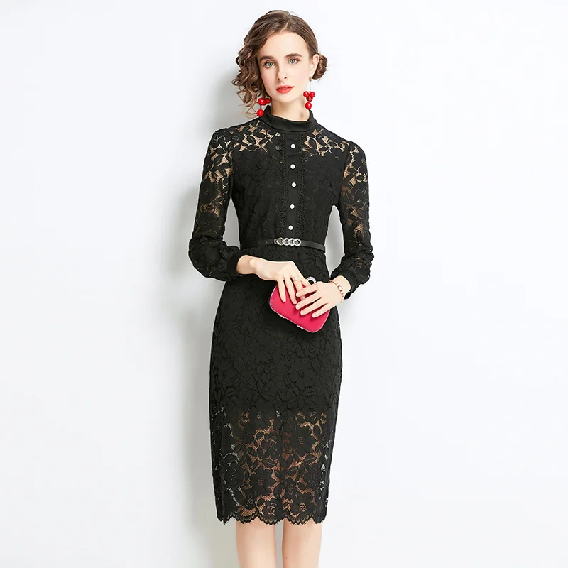 

Chikichi 2021 European Station Autumn Women's New Fashion and Elegant Slim Black Mid-length Lace Long-sleeved Hip Dress