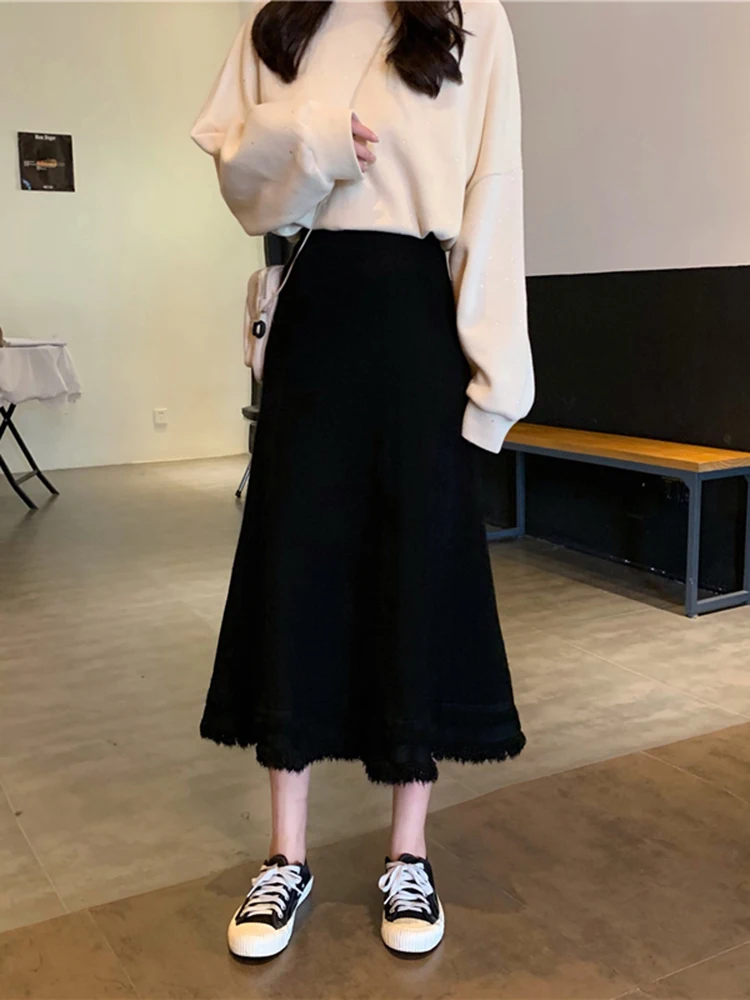 Женская трикотажная юбка в гонконгском стиле Длинная черная трапециевидная с