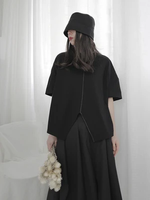 Женская Асимметричная футболка Johnature однотонная свободная Винтажная с круглым