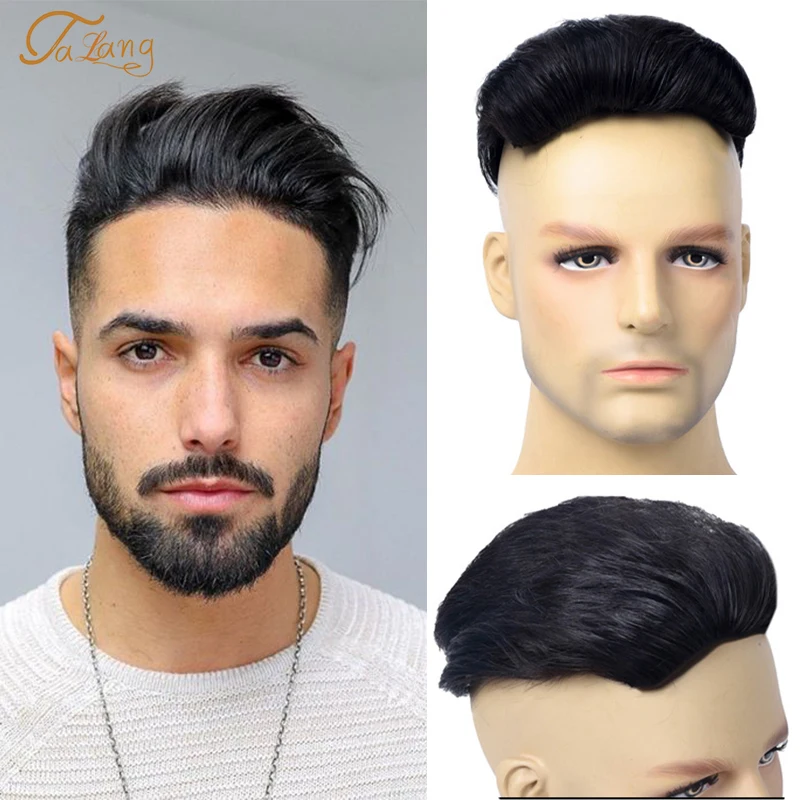 Men's Top Head Toupees Synthetic Short Wig Natural Black Straight Fake Hair Suitable For Men Sparse hair Loss and Grey hair