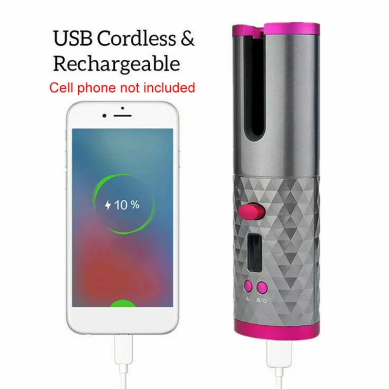 

Automatic Rotating Hair Curler USB Rechargeable Curling Iron LED Display Temperature Adjustable styling tool