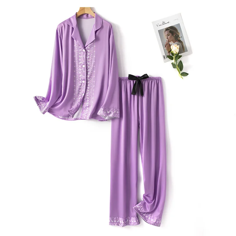 

2 Piece 2021 Fashion Women Sleepwear Faux Silk Satin Pajamas Set Long Sleeve Sleepwear Pajamas Suit Female Homewear