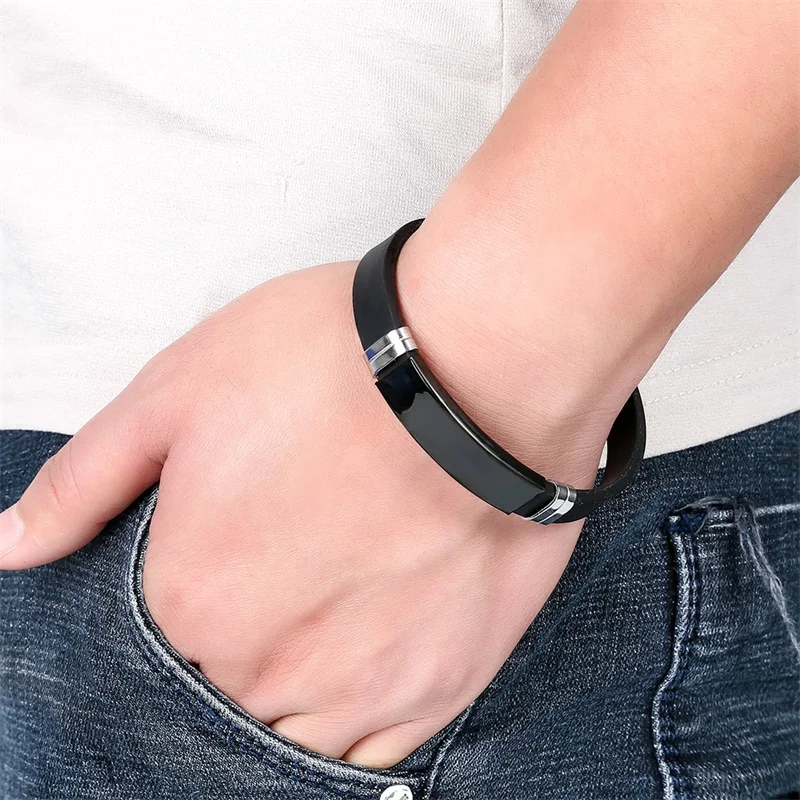 Модный кожаный браслет для мужчин черный из нержавеющей стали с логотипом сделай