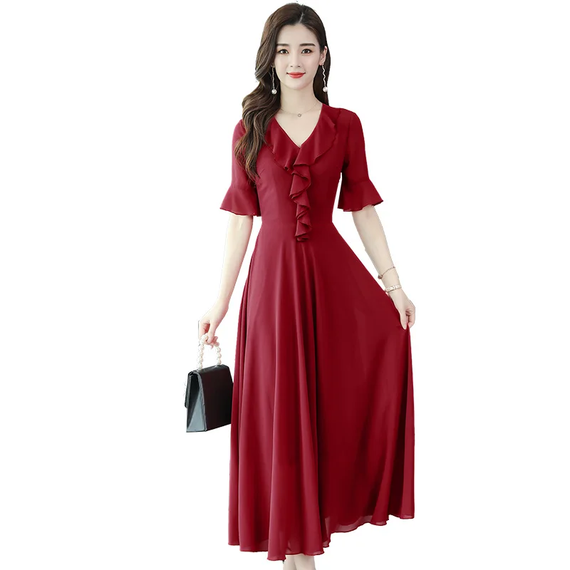 

2020 Summer New Arrival High Quality Short Sleeve V Collar Chiffon Women Long Dress Plus Size