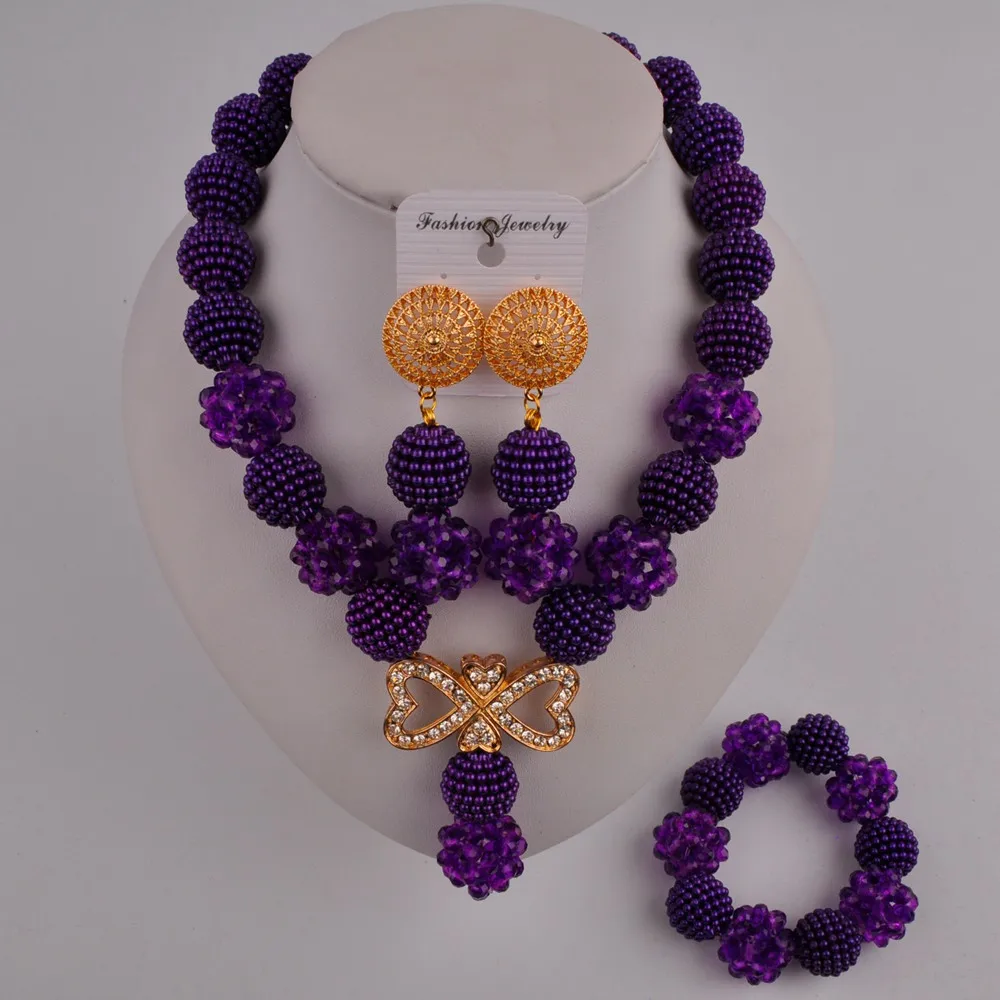 

latest purple costume necklace african beads jewelry set nigerian wedding jewelry sets for women FZZ102