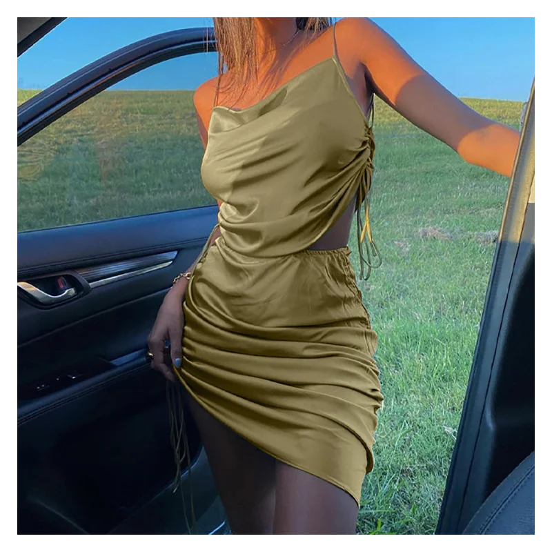 

2021 Summer Two-piece Short Skirt Suit Women Sexy Backless Solid Color Sling Drawstring Pleated Dress