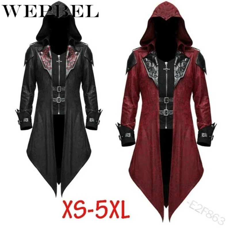 

Mandylandy Mens Trench Coat Leather Hooded Medieval Gothic Renaissance Retro Punk Assassin Creed Long Sleeve Jackets