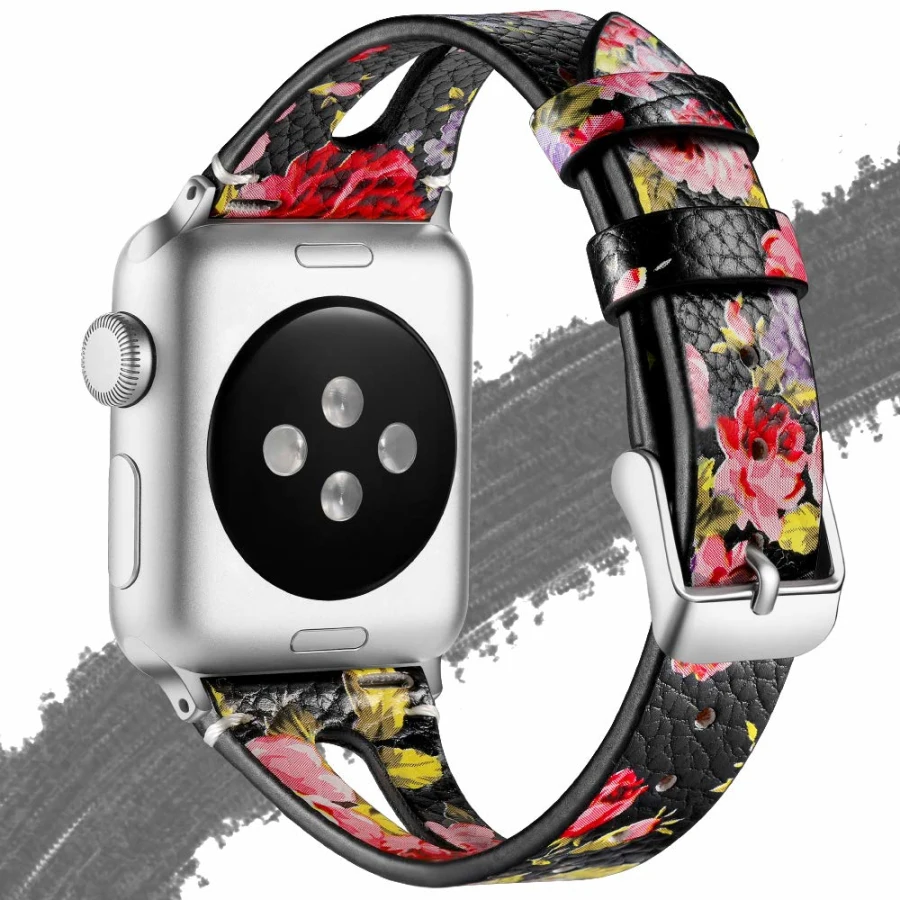 Для Apple Watch Series 5 4 3 2 кожаный ремешок с цветочным принтом для iWatch 38 мм 42 40 44 наручный