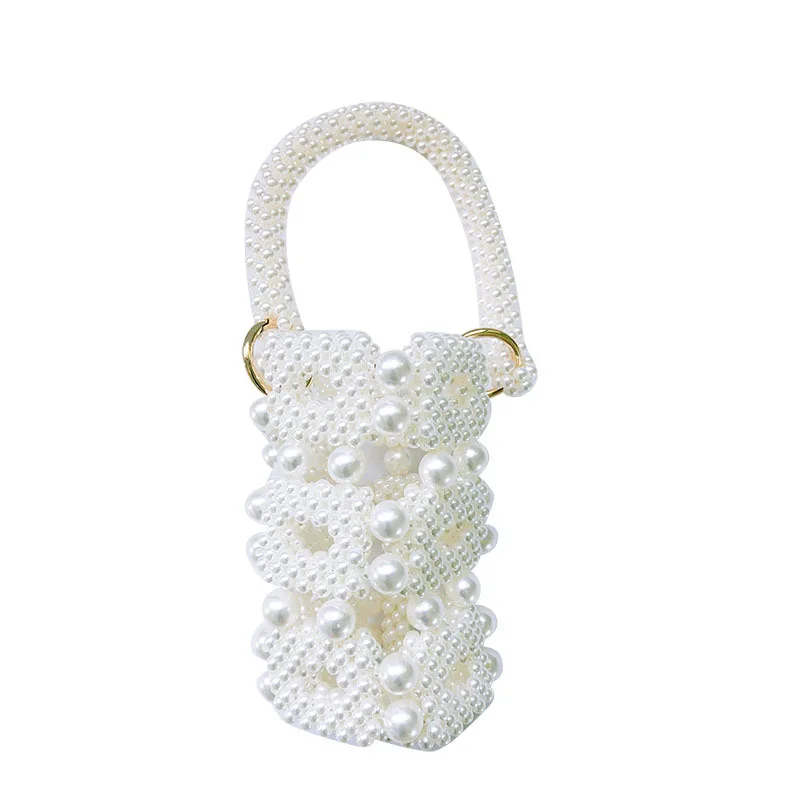 

2021 New Elegant Hand Woven Beaded Evening Clutch Purses Female Small Bucket HandBagsWomen Luxury Hollow Out Pearl Bags Bolsos