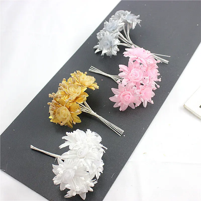 6pcs Decorative artificial flowers wreaths christmas scrapbooking home decor DIY gifts box fake plants cheap silk stamen