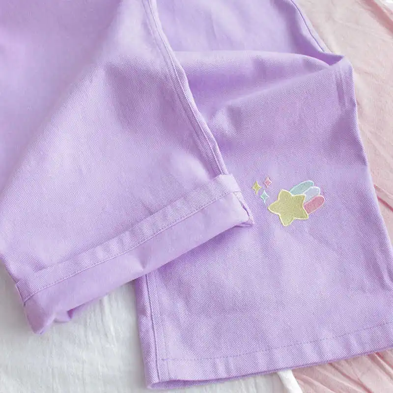 

Japanese High Waist Cute Casual Purple Jeans n Kawaii Girls Wide Leg Trousers Harajuku Cartoon embroidery Denim Pants Women