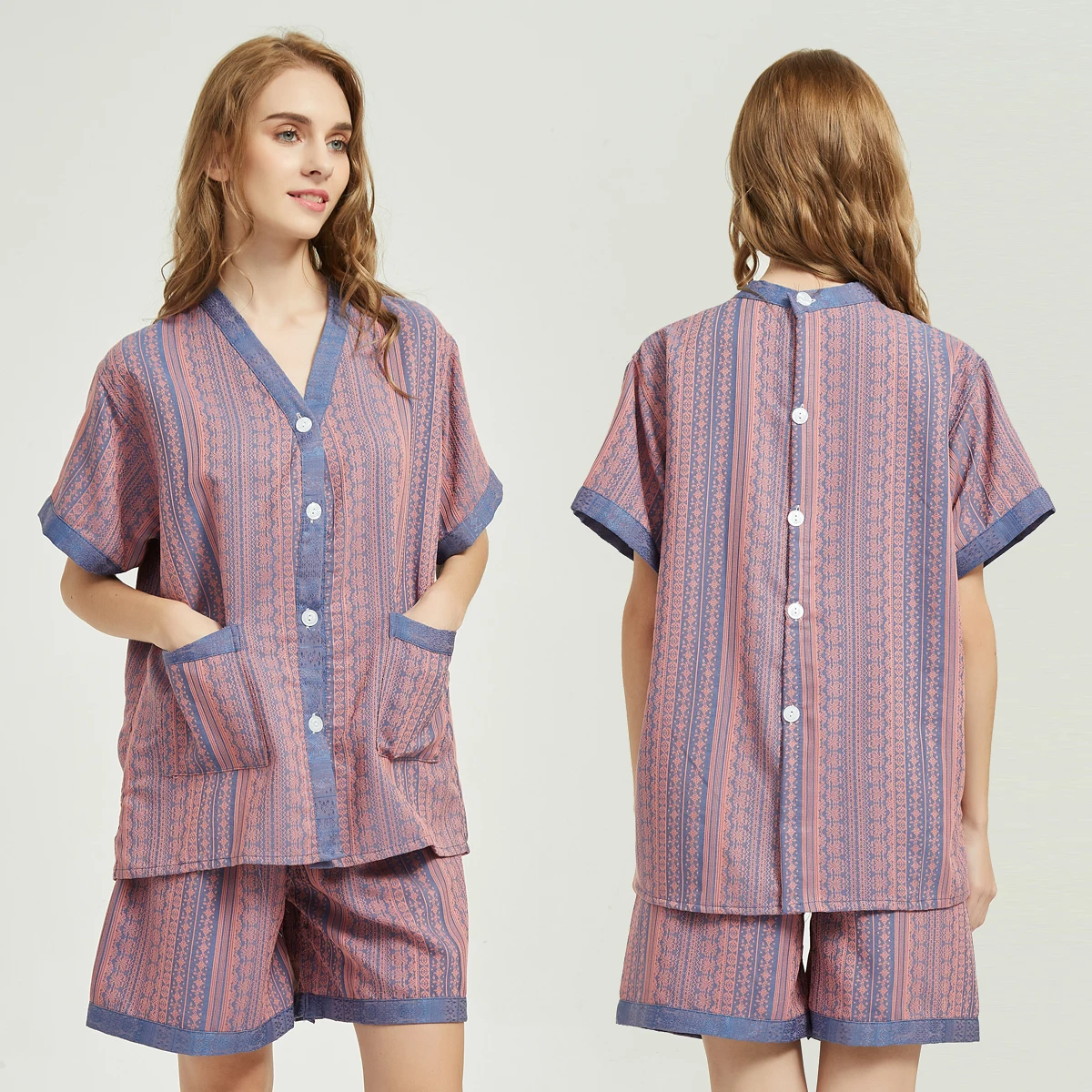 Summer Couple Pajama Sets Cotton Sleepwear Men And Women Home Clothing Pajamas Comfort Long Sleeves Buttons Homewear