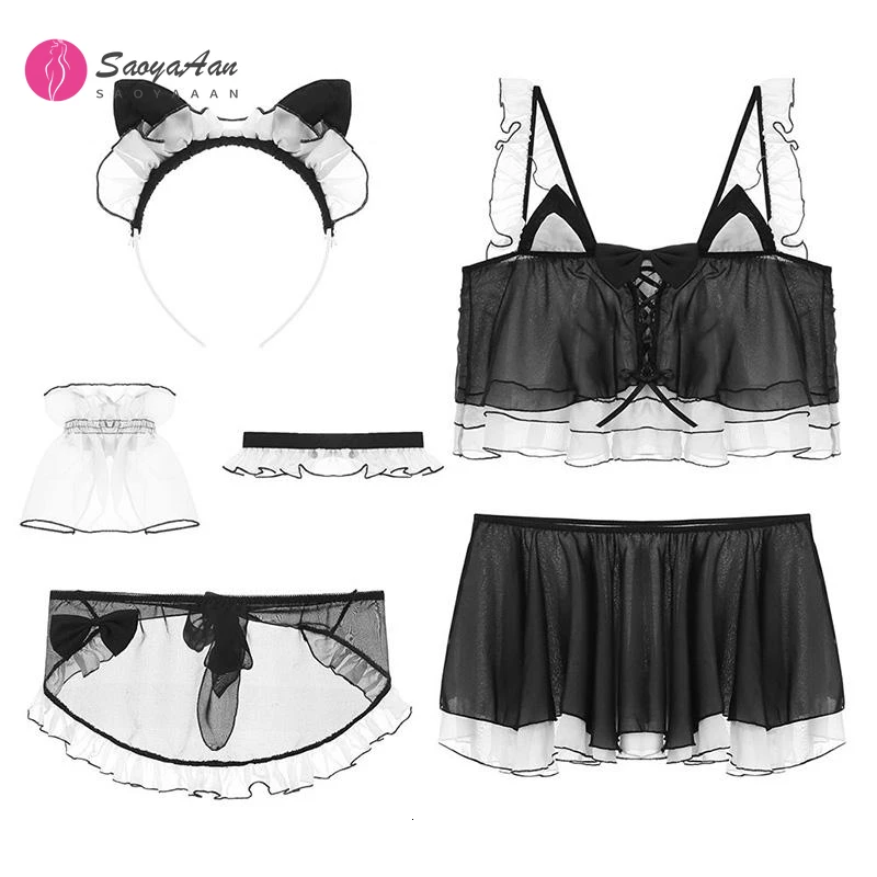 

Lolita Cute Cat Girl Sexy Maid Uniform Transparent Lingerie Schoolgirl Womens Devil Cosplay Costumes Anime Underwear Outfit