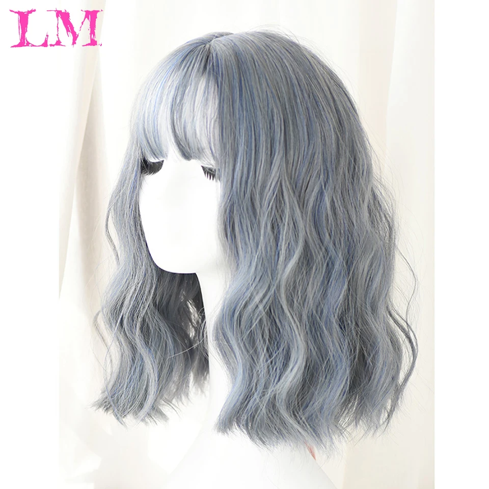 

LiangMo Short Bob Wig With Bangs for Women Synthetic Bob Wigs Straight Haze blue Wig for Party Daily Use Shoulder Length