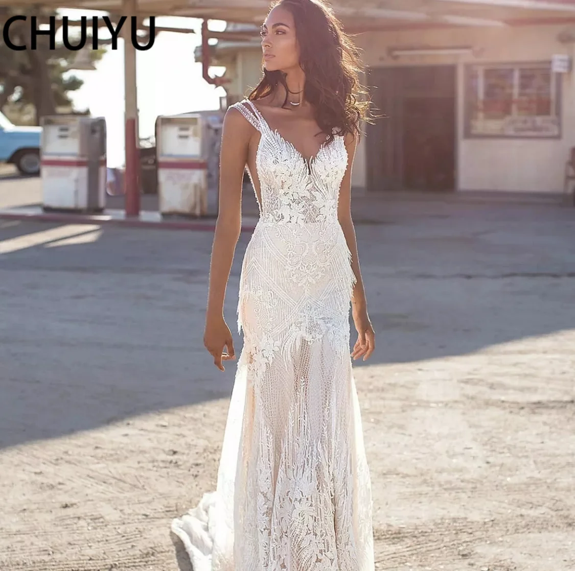 

HERBURNL Sexy V Neck Backless Wedding Gown Dresses Chiffon Long With Spaghetti Straps Lace Appliques Illusion For Women Party