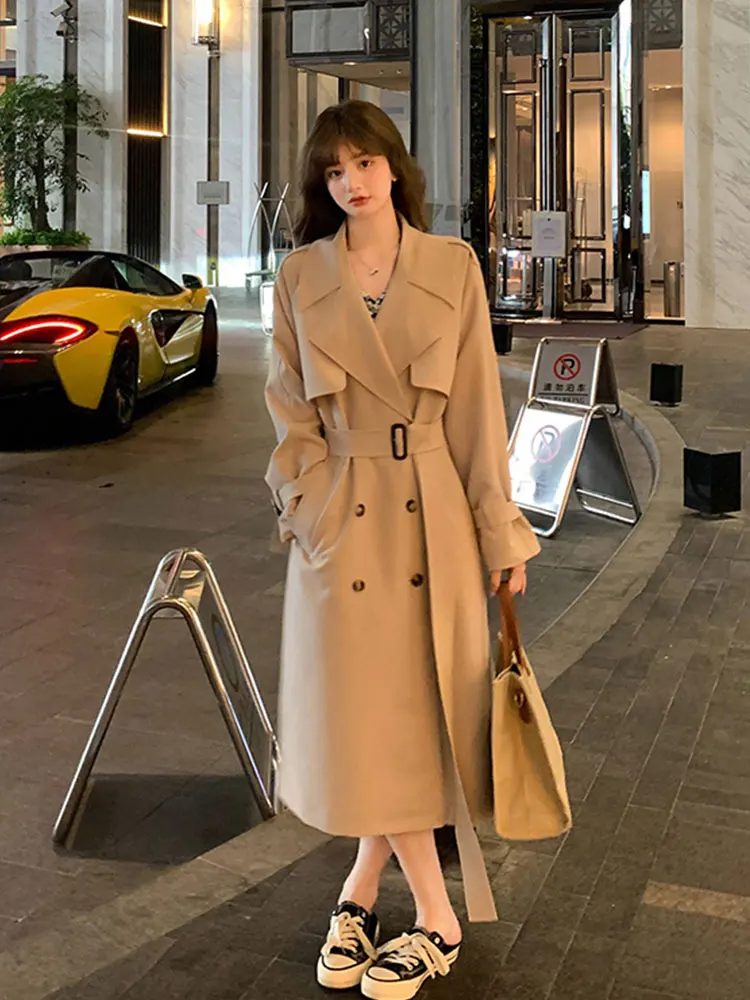 

Fashion British Style Lace Up New Women Trench Coat Long Double Breasted Belt Solid Khaki Lady Clothes Autumn Spring Outerwear
