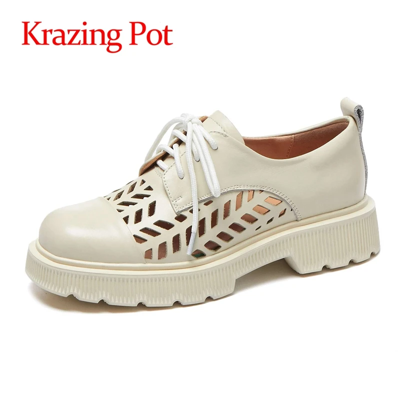 

Krazing Pot/из коровьей кожи с круглым носком средний каблук юной леди повседневной одежды в британском стиле для отдыха/школьная выдалбливают с...