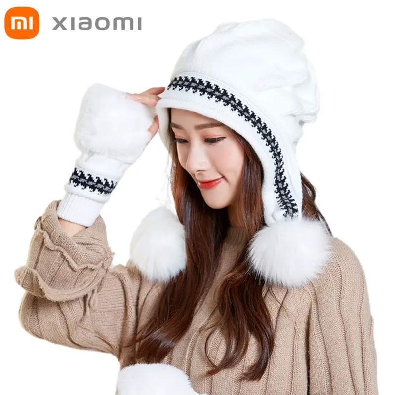 

Xiaomi-gorro de Bola de Pelo para mujer, gorros de punto para esquiar, protección para las orejas, cálido holgado, guantes de