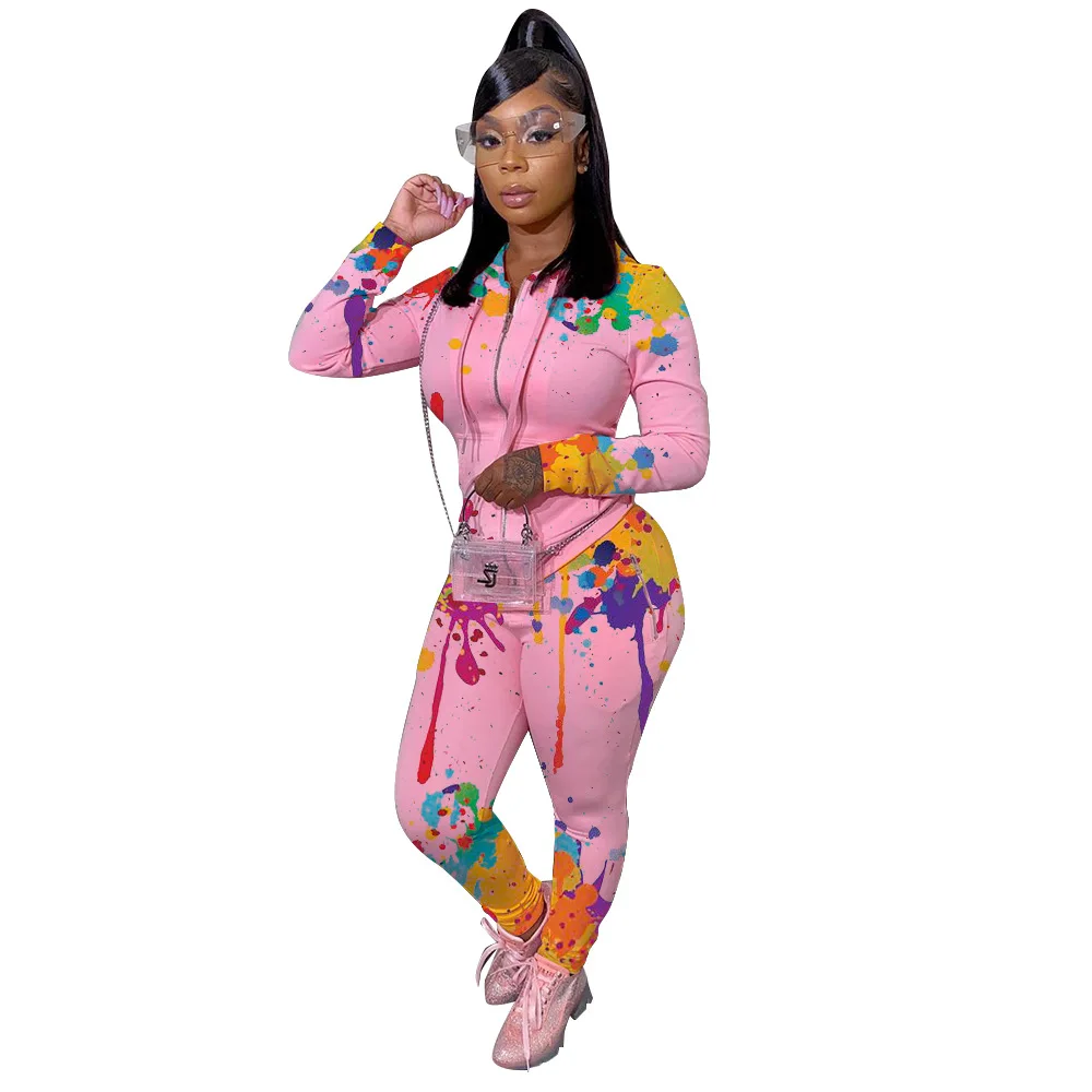 

2021 Autumn Women Casual Tracksuits Graffiti Printing Hooded Long Sleeve Zipper Coats High Waist Pants Outfits For Sports Party