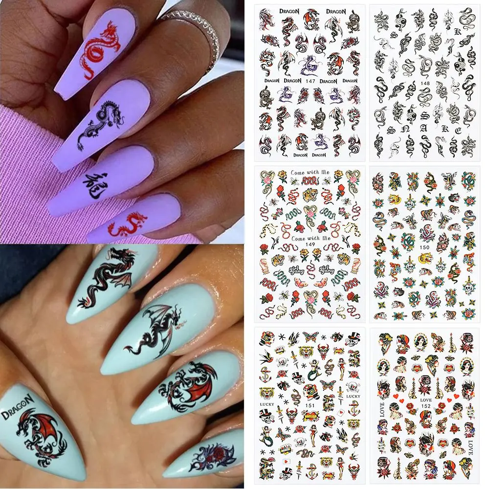 3D наклейки для ногтей в черном стиле дракон змея самоклеящиеся декоративные