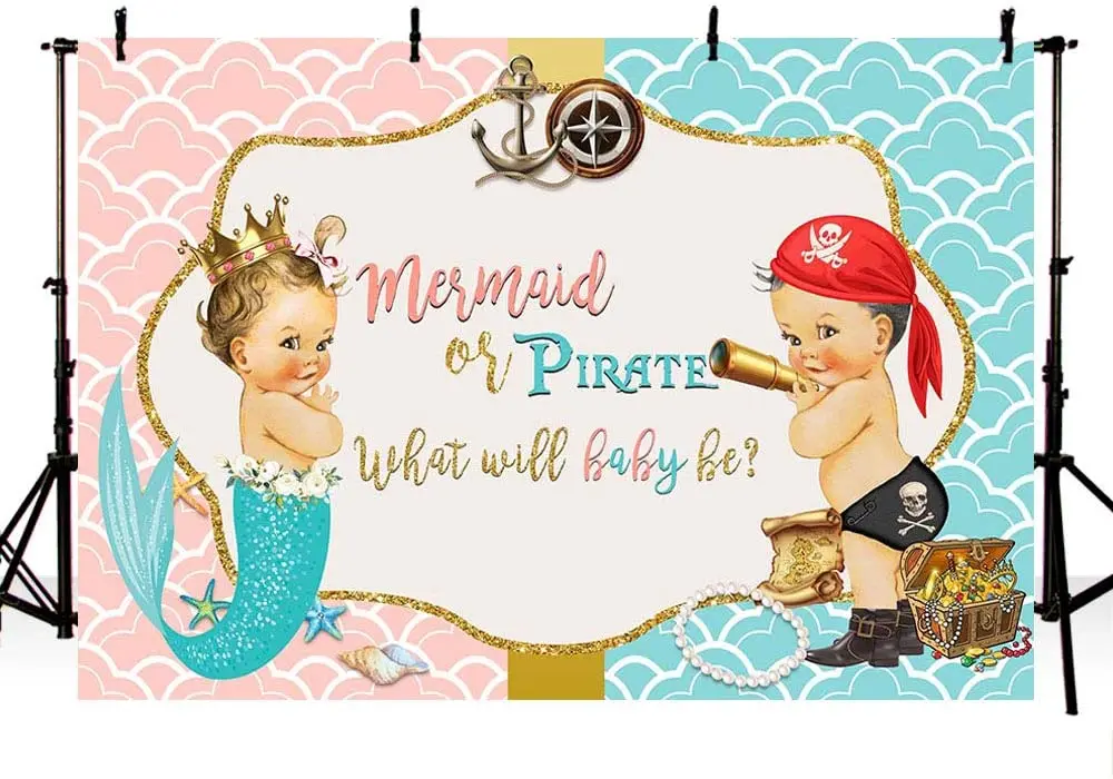 Mermaid or Pirate Gender Reveal Photography Backdrop Summer Ocean Baby Shower Party Decoration Pink or Blue Gold Border enlarge