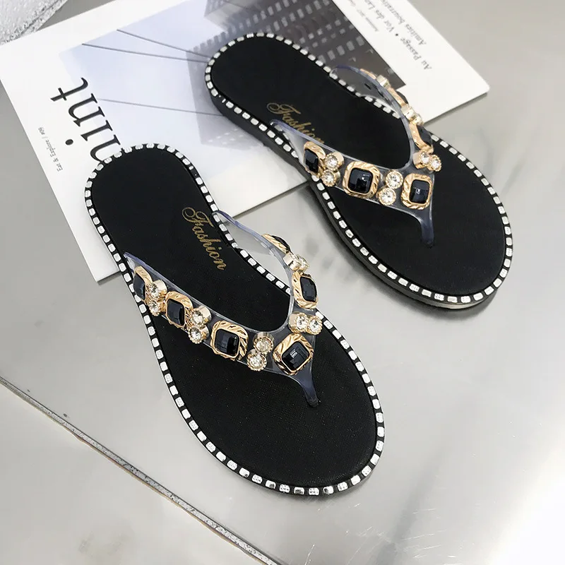 

European Station 2021 Summer New Women's Shoes Fairy Style Rhinestone Flip-Flops Non-Slip Flat Bottom Beach Sandals