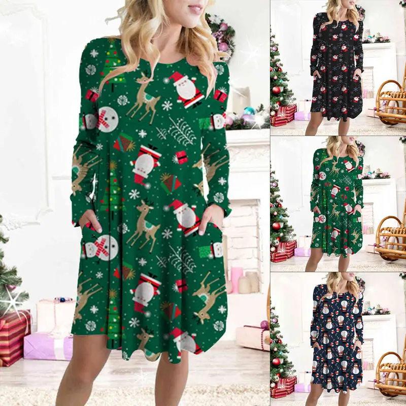 Новое популярное винтажное рождественское Платье с принтом женский свободный