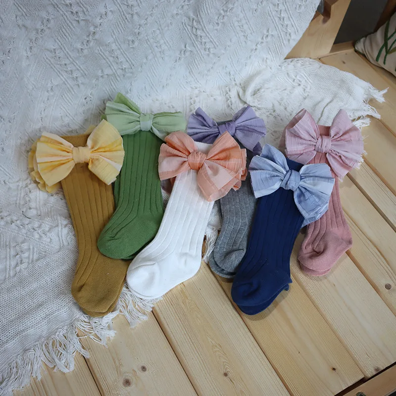 

2021 Spring and Summer Baby Girl Socks Seersucker Big Bow Medium Toddler Stockings Newborn Baby Socks Middle Tube Student Socks