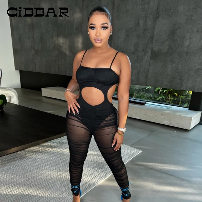 

CIBBAR Skinny Hollow Out Mesh Patchwork Camisole Women's Jumpsuits Black Sexy Backless Sleeveless Bodycon Hot Clubwear One Piece