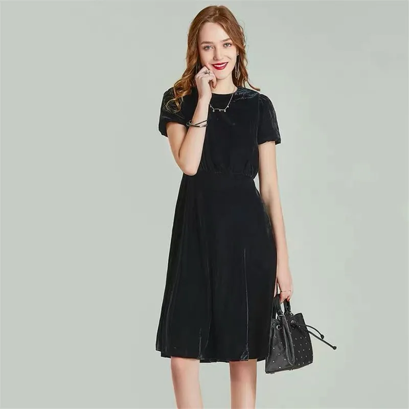 

O-Neck Midi Velevt Dress Women 2022 Short Sleeve Loose Dress Summer Autumn Fashion Dress Elegant Party Vestidos -