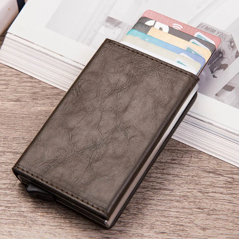 coffee DIENQI Анти Rfid держатель для карт, кошелек для монет, мужской женский кошелек, кожаный кошелек для денег, тонкий маленький мешочек, мини сумка, металлический кошелек, кошелек - Цвет: coffee